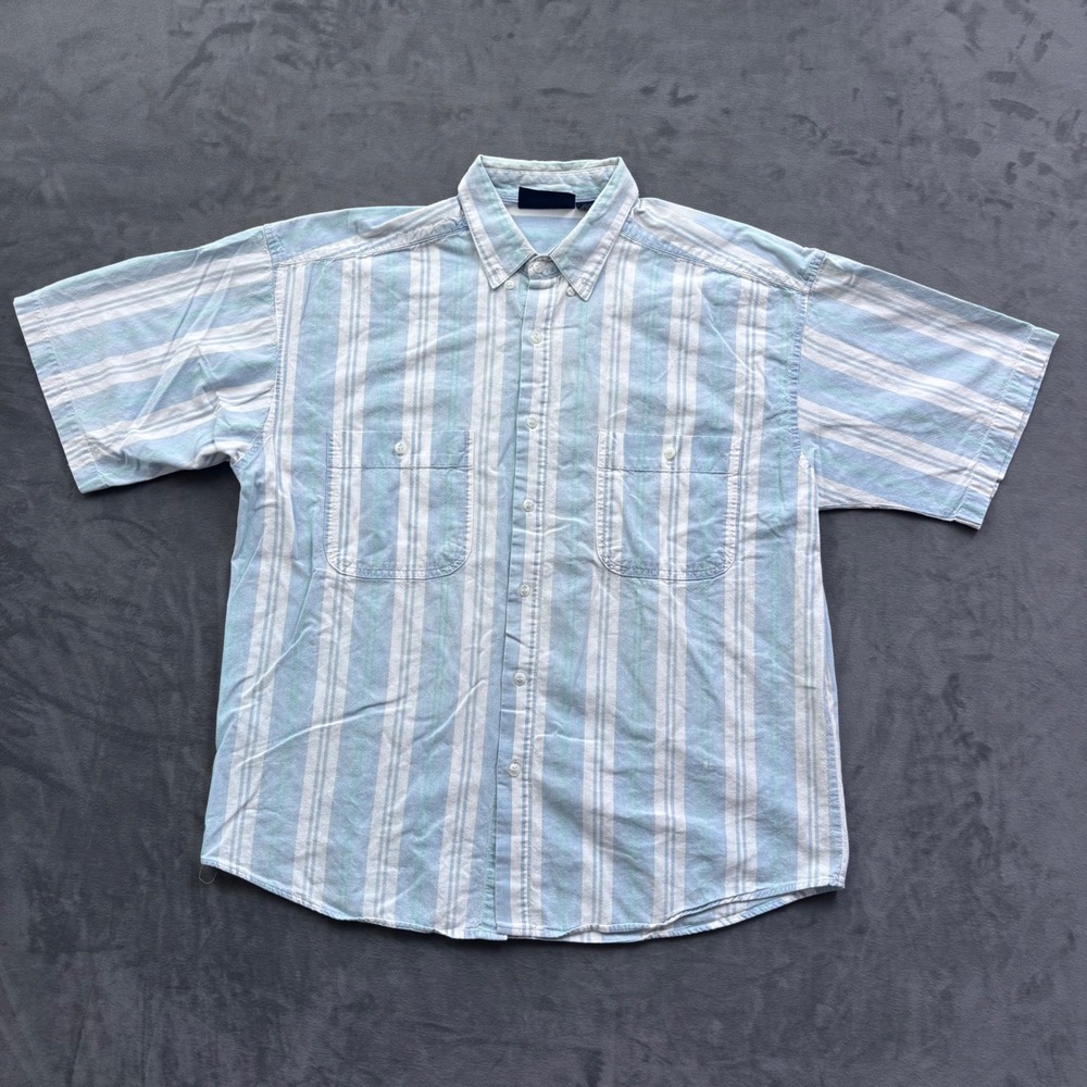 Gulf Traders Mens Large Blue White Striped Cotton Short Sleeve Button Down Shirt